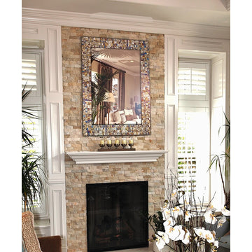 Mosaic Glass Framed Wall Mirror, Multi-Colored and Gold Decorative Vanity Mirror