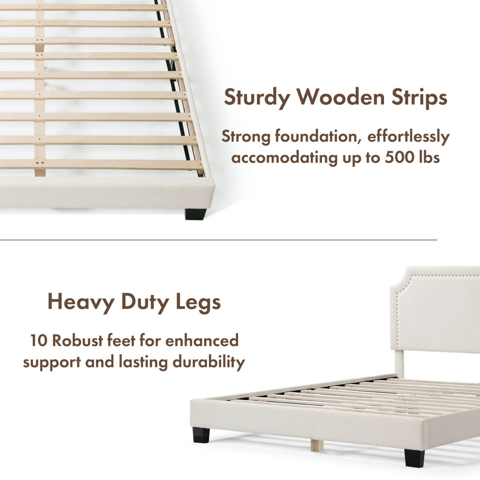 Miles White Boucle Upholstered Wood Frame Platform Bed, Queen, Naihead Trim