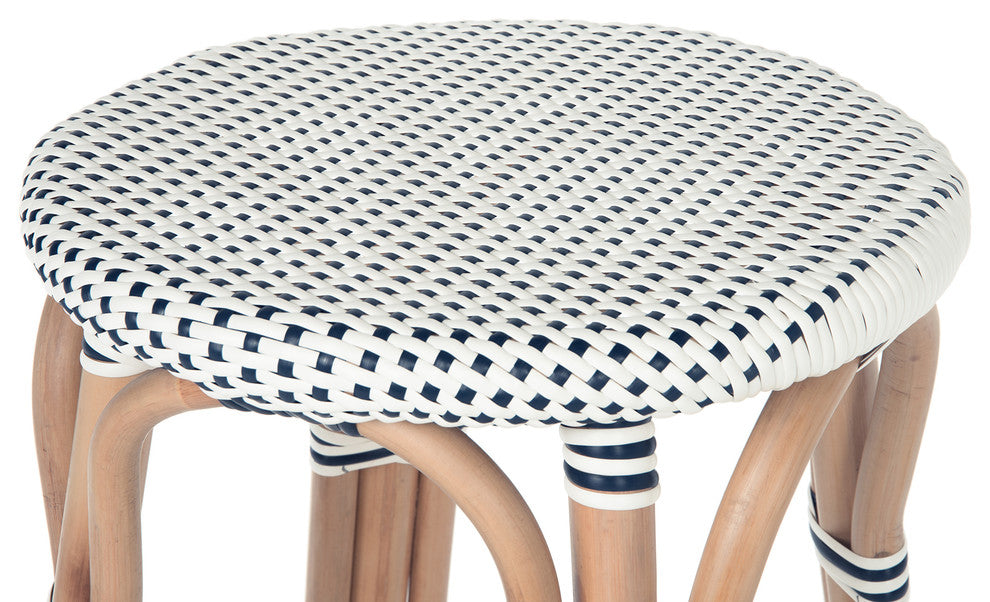 Bistro Backless Rattan Stool, White and Blue, Counter Stool