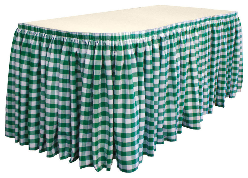 LA Linen Gingham Checkered Table Skirt, White and Hunter Green, 168x29"