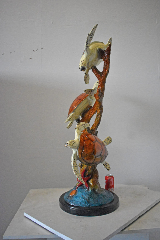 Three Turtles with Coral Bronze Statue - Size: 32"L x 32"W x 41"H.