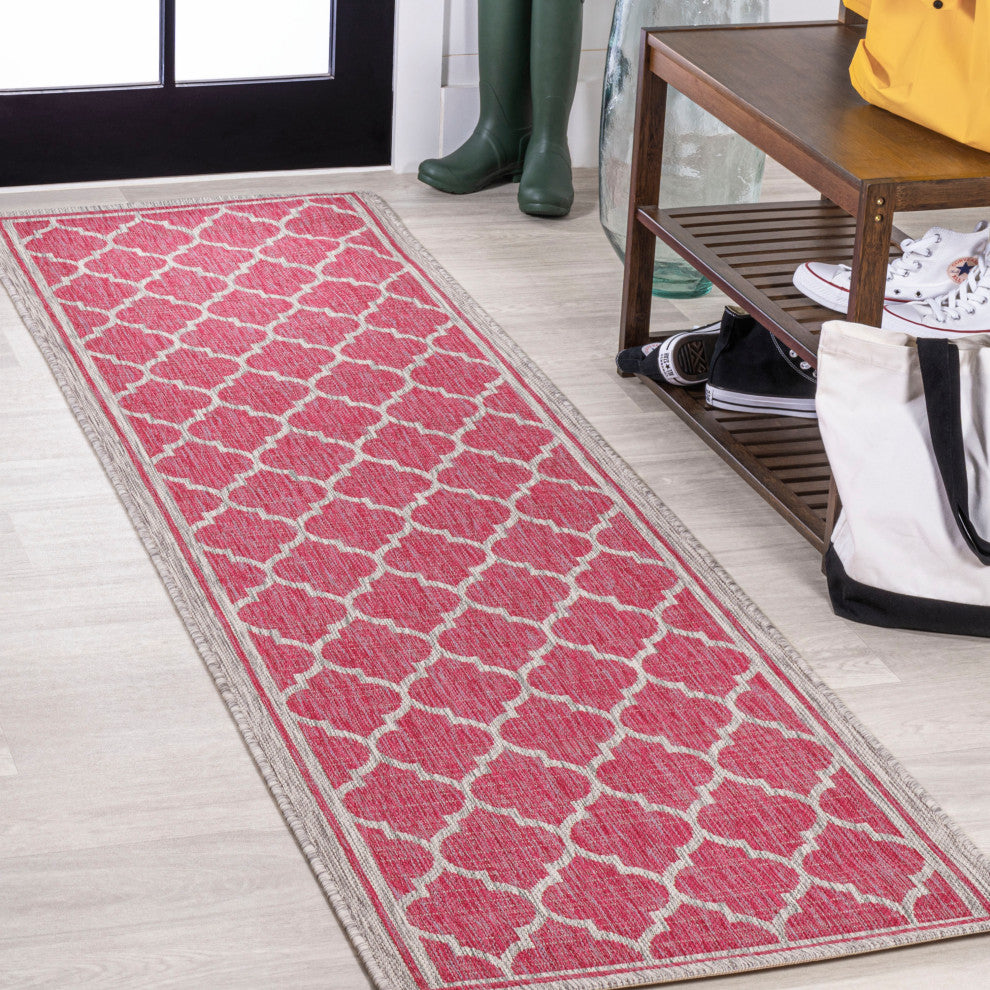 Trebol Moroccan Trellis Textured Weave Indoor/Outdoor, Fuchsia/Light Gray, 2x10