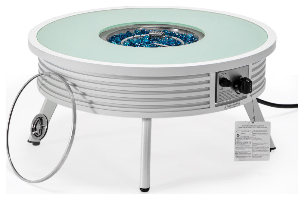 Leisuremod Walbrooke Patio Round Fire Pit Table With Aluminum Slats Frame, White