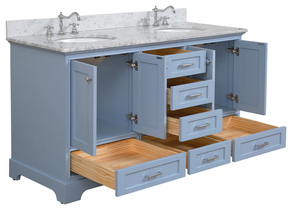 Harper 60" Bathroom Vanity, Powder Blue, Carrara Marble, Double