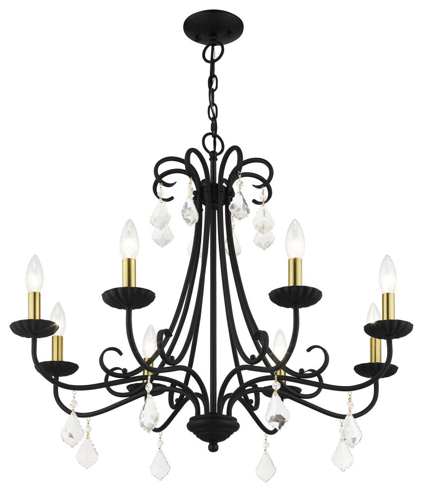 Daphne 8-Light Black Large Chandelier, Antique Brass Accents and Clear Crystals
