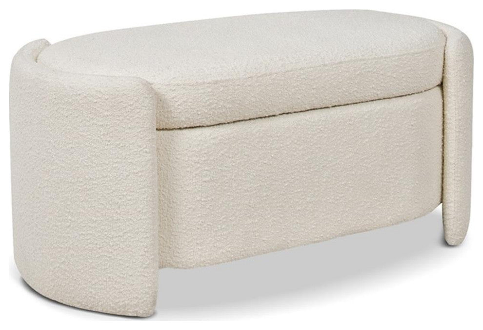 Maklaine Trandsitional 44" Upholstered Boucle Oval Storage Bench in Ivory White