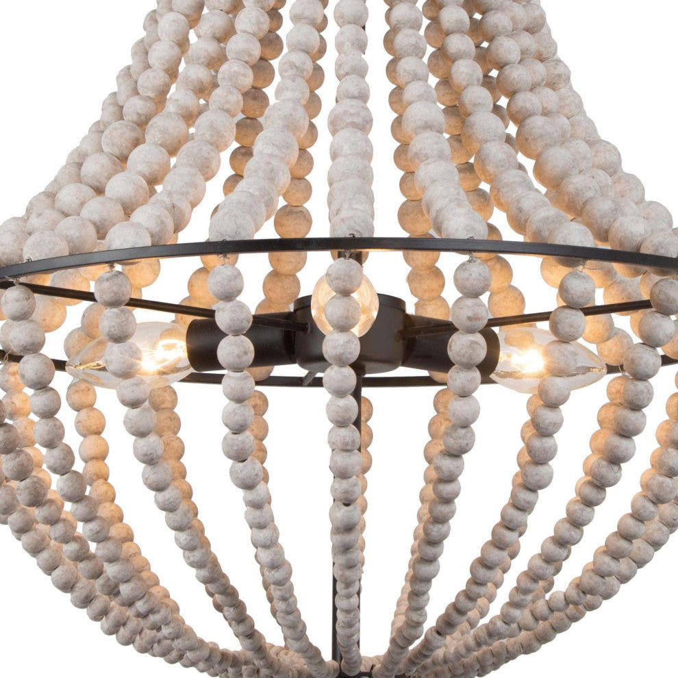 3-Light Distressed White and Matte Black Bohemian/Global Beaded LED Chandelier