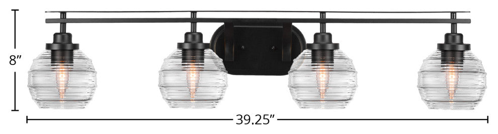 Odyssey 4 Light Bath Bar In Matte Black Finish With 6" Clear Ribbed Glass