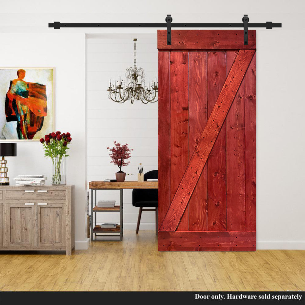 Stained Solid Pine Wood Sliding Barn Door, Cherry Red, 30"x84", Z Bar