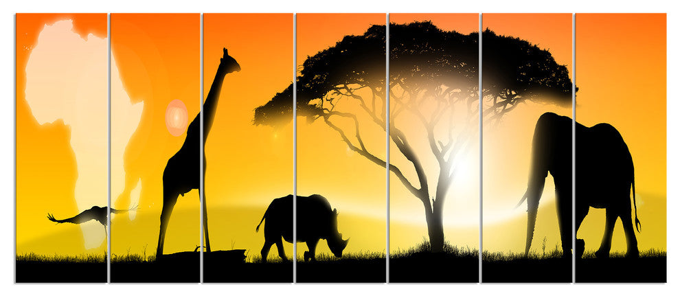 African Wildlife Panorama, African Canvas Art Print, 83"x32", 7 Panels
