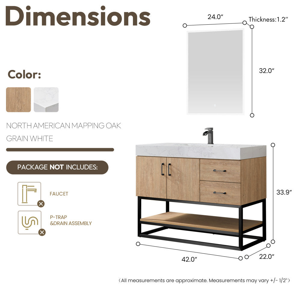 Alistair Vanity, North American Oak, Matte Black Hardware, 42", With Mirror