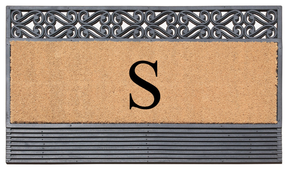 Rosewood Black/Beige 24"x36" Rubber And Coir Monogrammed Doormat, S