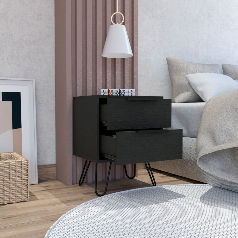 Nuvo 22-inch Tall Nightstand, 2 Drawers, and Hairpin Legs, Black Wenge