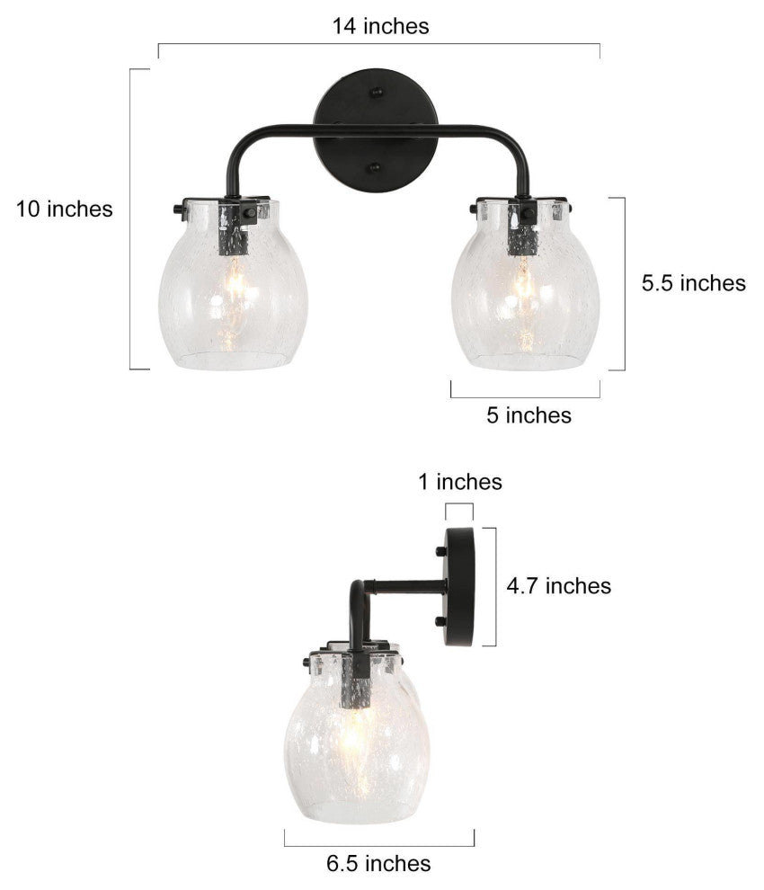 LALUZ 2 Light Matte Black Modern Bathroom Vanity Light with Globe Seeded Glass