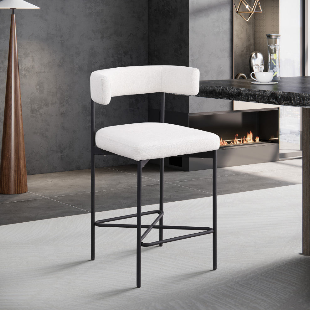 Rivage Durable Linen Textured Fabric Stool (Set of 2), Cream, Matte Black
