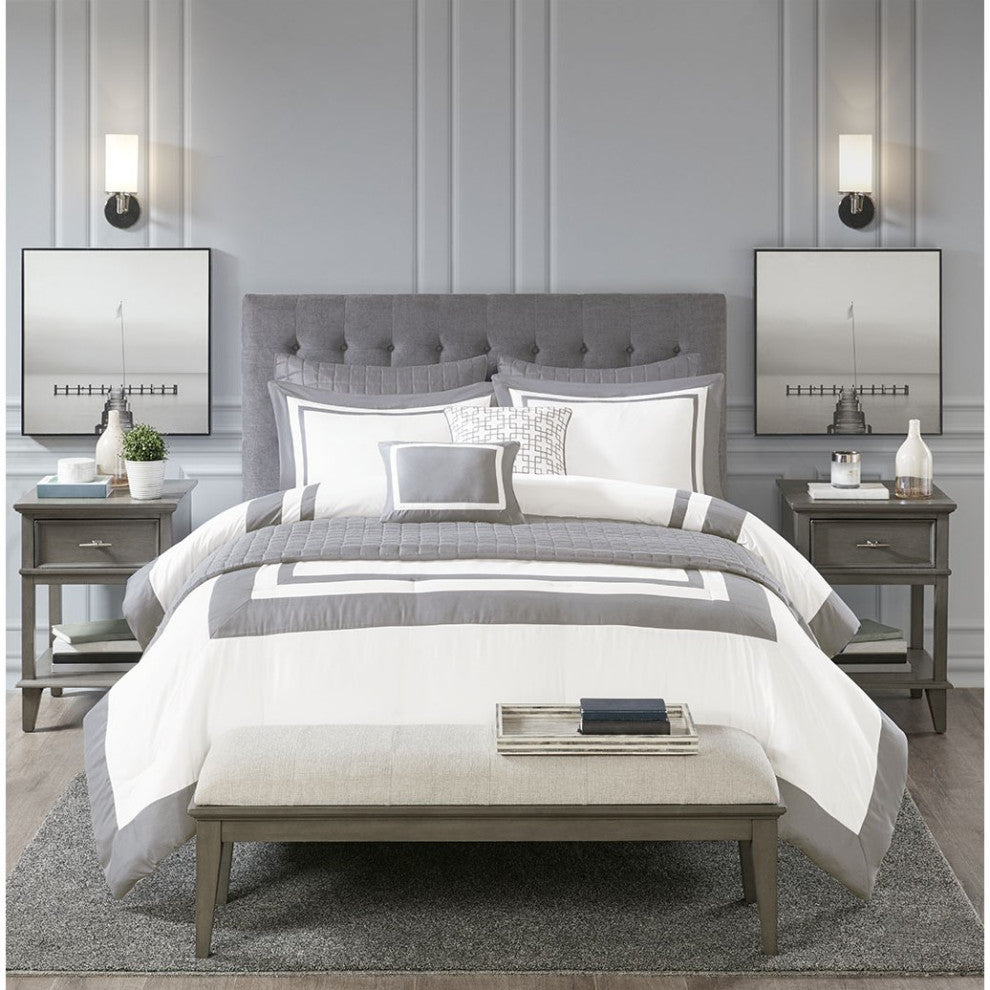 Madison Park Heritage 8 Piece Comforter and Quilt Set Collection, Grey