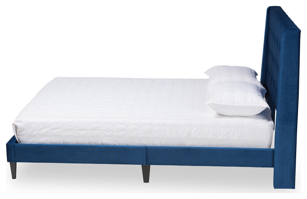Violeta Modern Velvet Upholstered Platform Bed, Navy Blue/Dark Brown, Queen