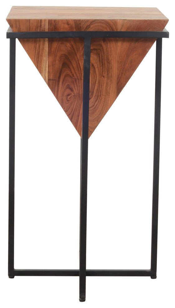 Pyramid Shape Wooden Side Table With Cross Iron Base, Brown and Black, 26 Inch