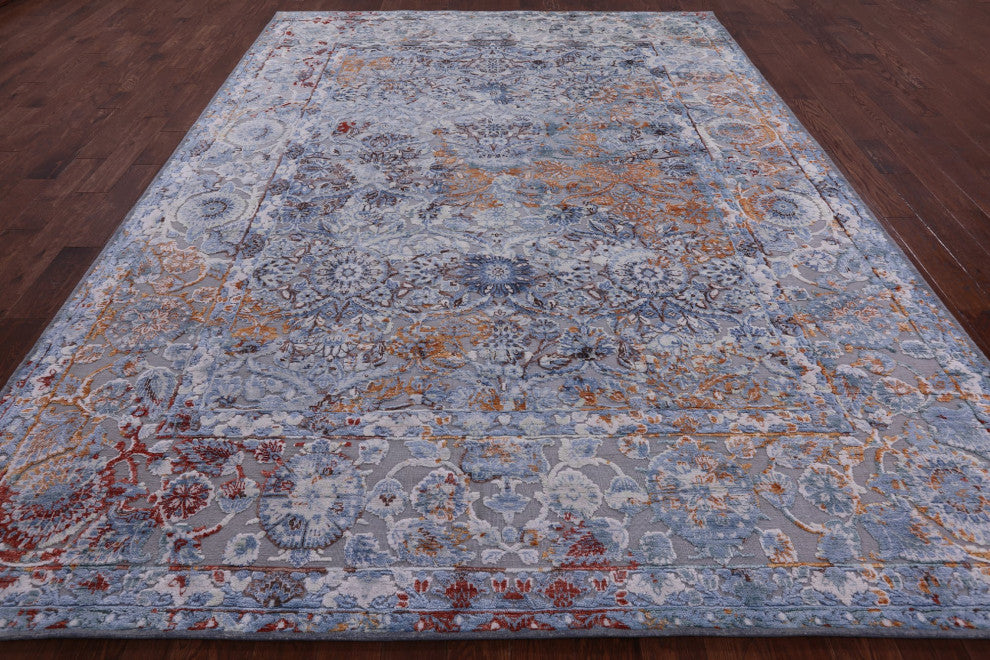 9' 0" X 12' 0" Wool and Silk Hi-Low Persian Hand Knotted Rug Q7196