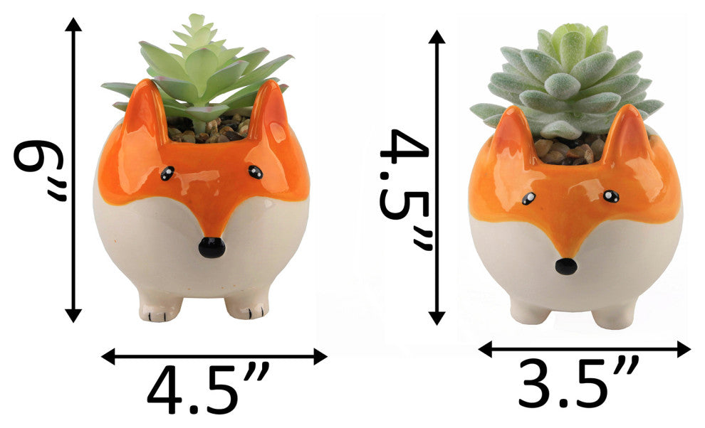 Faux Succulent In 3.5" Small Orange Fox Ceramic Planter,Set Of 2
