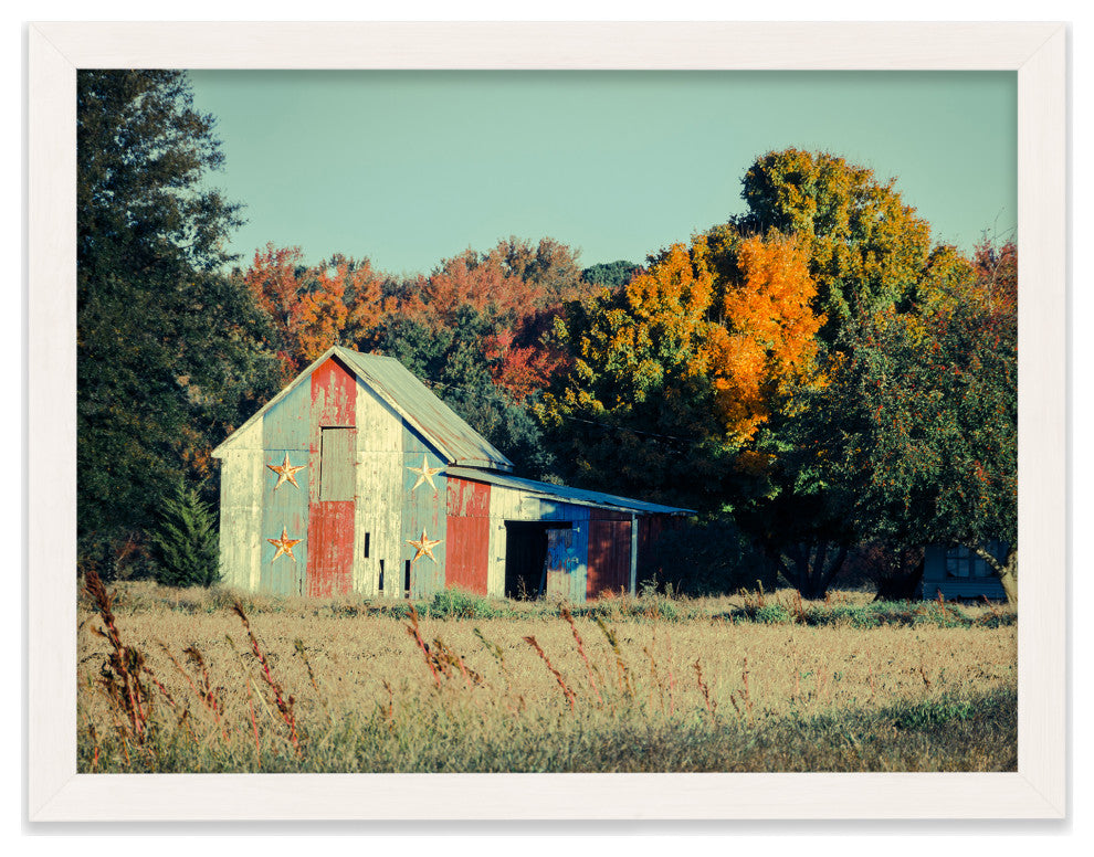 Patriotic Weathered Barn in Field Cross Processed Framed Photo Wall Art Prints, White, 16" X 20"