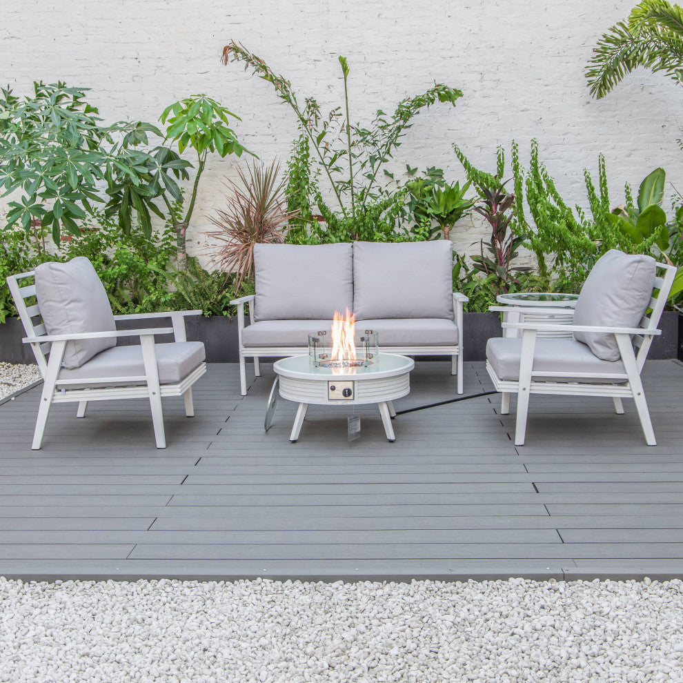 LeisureMod Walbrooke Patio Conversation Set With Fire Pit Table, Light Grey