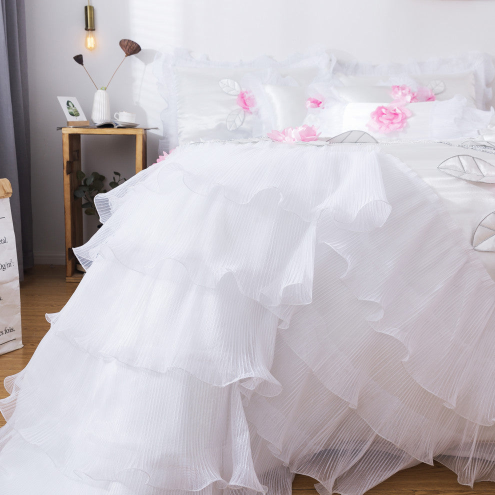 Tache 6-Piece Rose Pink White Satin Ruffled Bedding Set, Queen