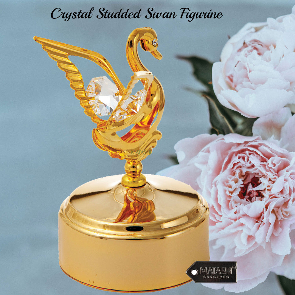 24K Gold Plated Music Box w Swan Figurine