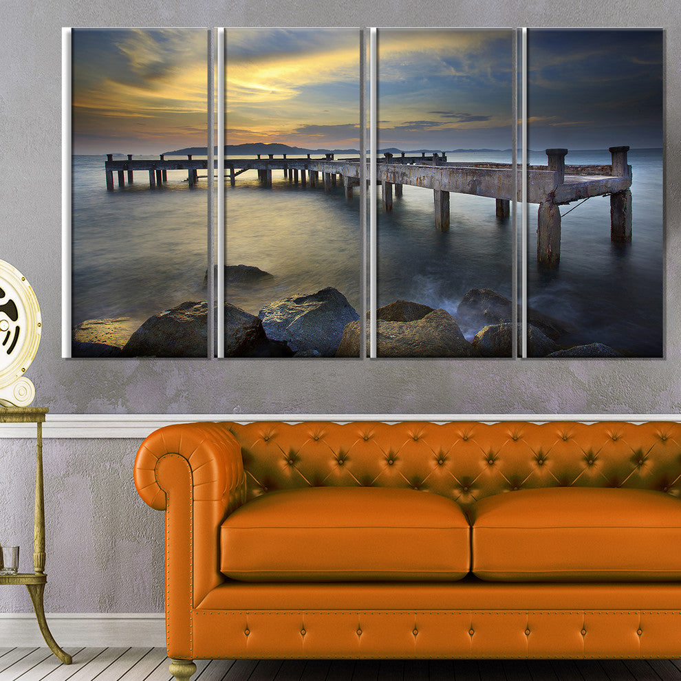 "Old Wood Boat Jetty Into Blue Sea" Sea Bridge Wall Artwork, 4 Panels, 48"x28"