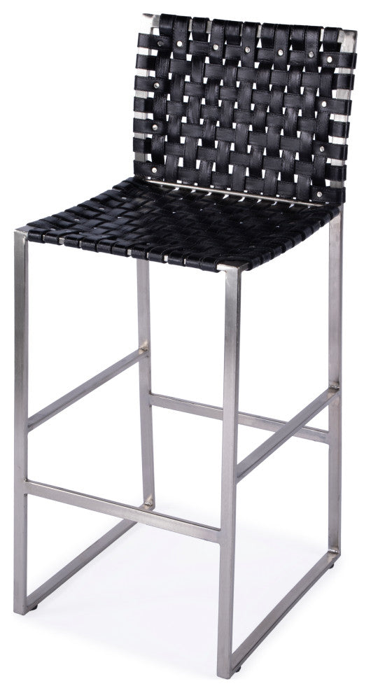 Urban Woven Genuine Leather Rectangular  28" Barstool, Black