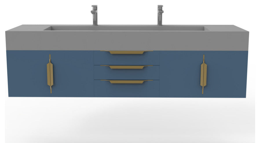 CastelloUSA Nile 72" Wall Mounted Bathroom Vanity Set, Blue, Gray Top, Gold Handles