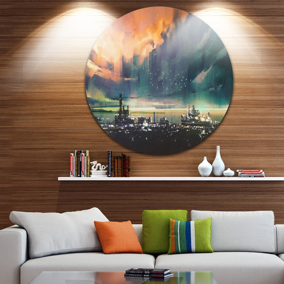 Abstract Sci-Fi City Watercolor, Photography Round Wall Art, 11"