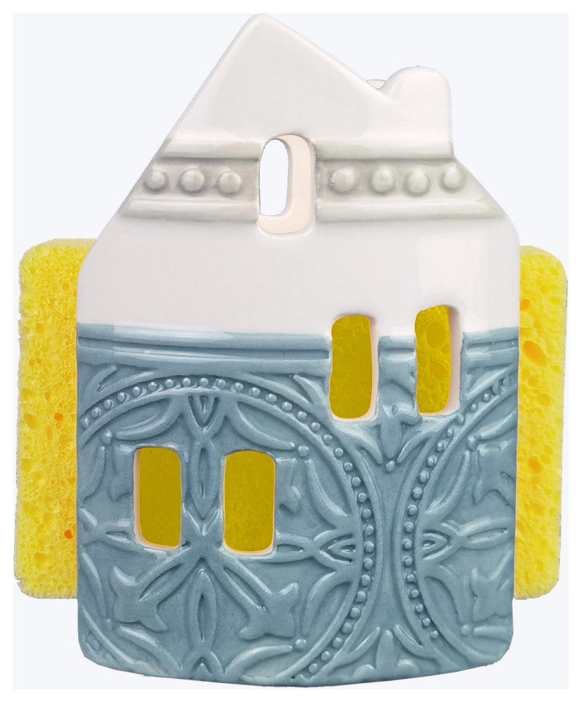 Casual Provincial Kitchen Sponge Holder with Sponge Blue and White Ceramic