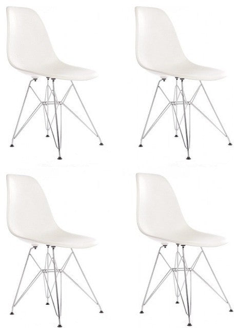 Set of 4 DSR White Mid Century Modern Dining Shell Chair, Steel Eiffel Legs