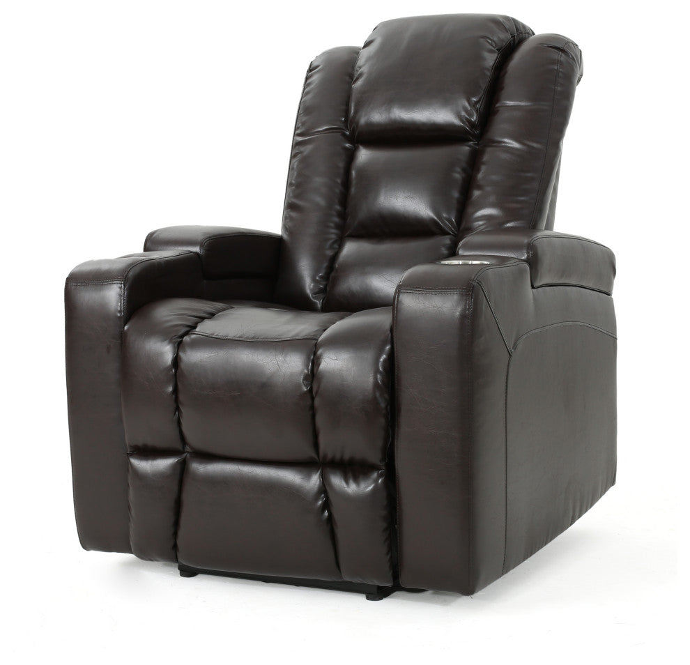 GDF Studio Everette  Brown Leather Power Recliner With Arm Storage and USB Cord