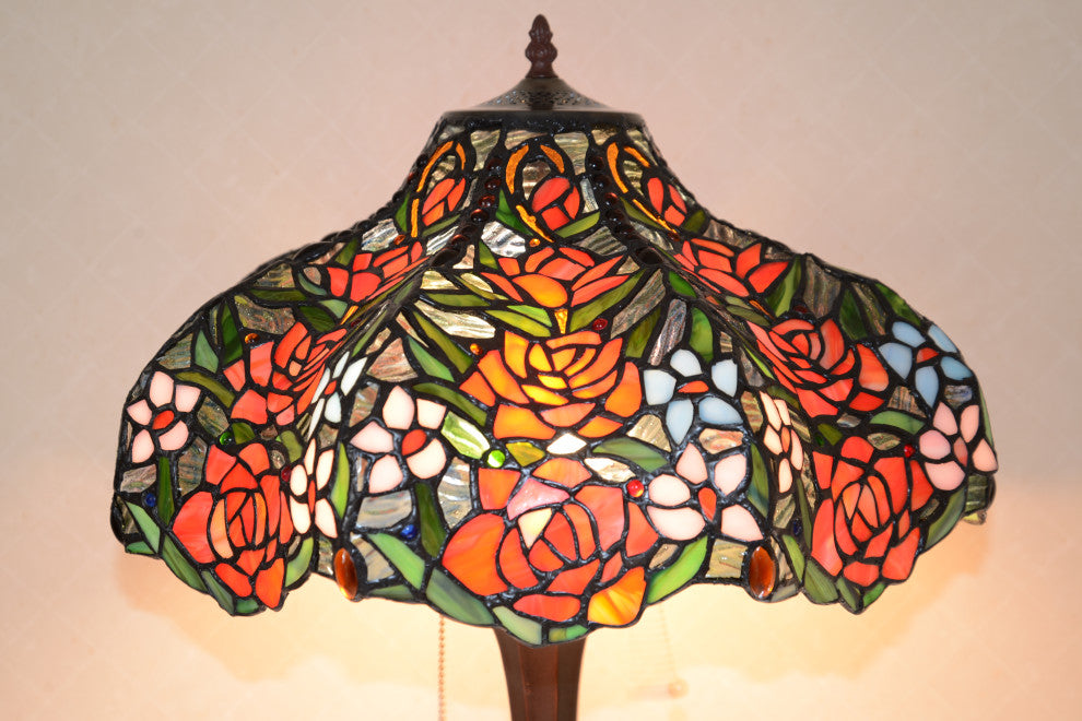 18"W Rose Flower Jeweled Stained Glass Handcrafted Table Desk Lamp, Zinc Base