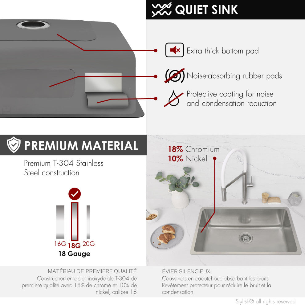 STYLISH 27 inch Single Bowl Undermount and Drop-in Stainless Steel Kitchen Sink