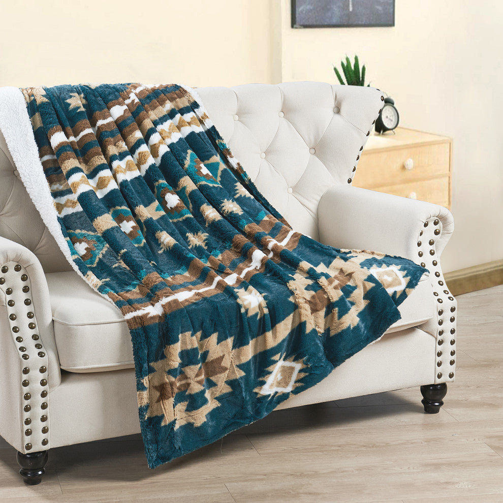Southwest Faux Fur & Sherpa Backing Throw Blanket, Deep Teal, 50" X 60"