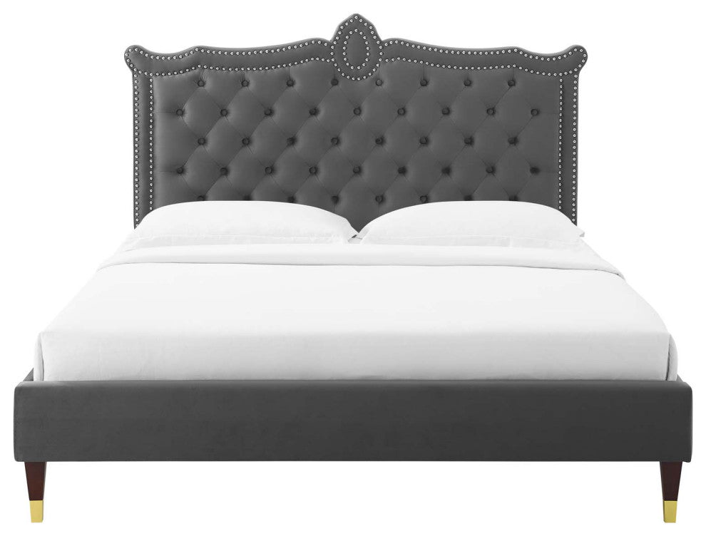 Platform Bed Frame, Nailhead, Queen Size, Charcoal Gray, Velvet, Modern