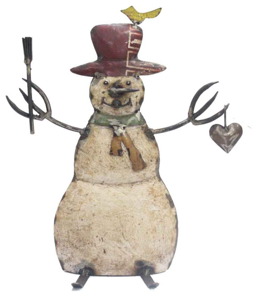 HomeRoots 6" x 12" x 14" White Red Bronze Yellow Reclaimed Iron Snowman