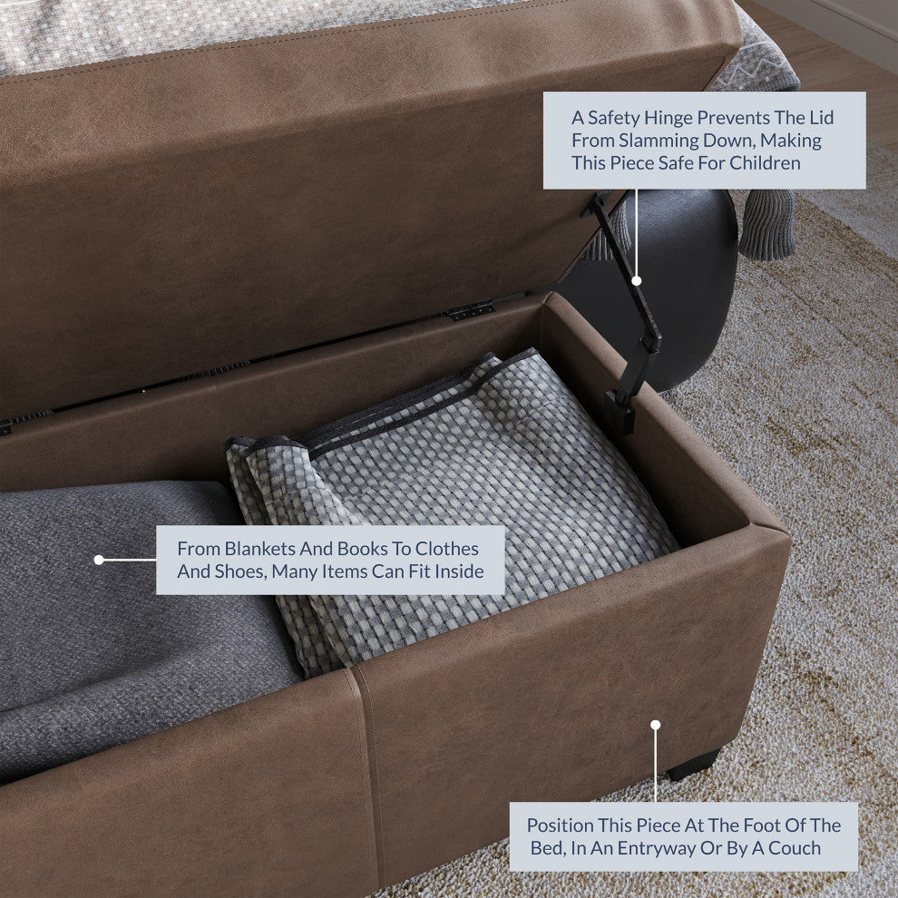 48" Elegant Leather/Linen Rectangular Storage Ottoman, Rustic Brown