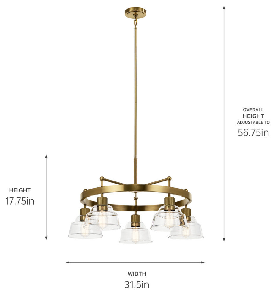 Eastmont 5 Light Chandelier, Clear Glass, Brushed Natural Brass