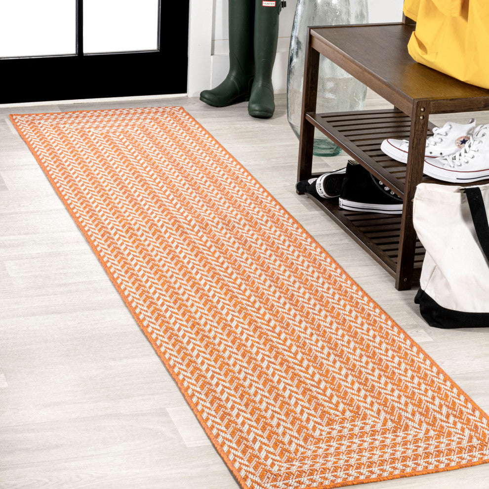 Chevron Modern Concentric Squares Indoor/Outdoor Area Rug, Orange/Cream, 2 X 8