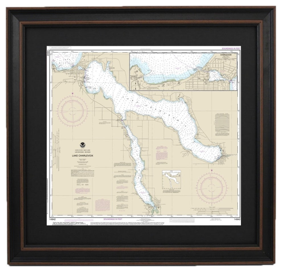 Poster Size Framed Nautical Chart, Lake Charlevoix, Lake Michigan, 36x33.25