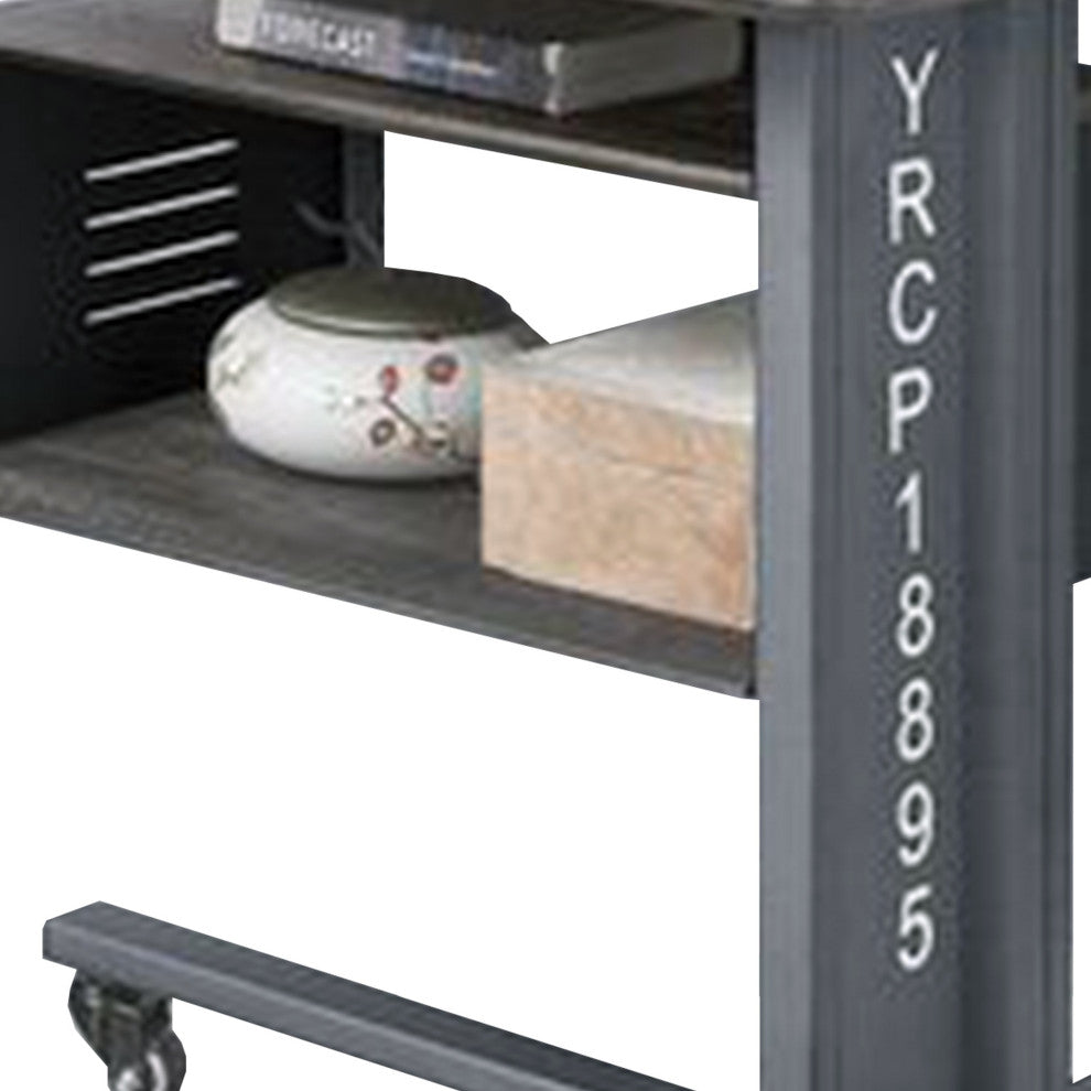 Benzara BM269580 Accent Table With Metal Cargo Style and 3 Caster Wheels, Gray
