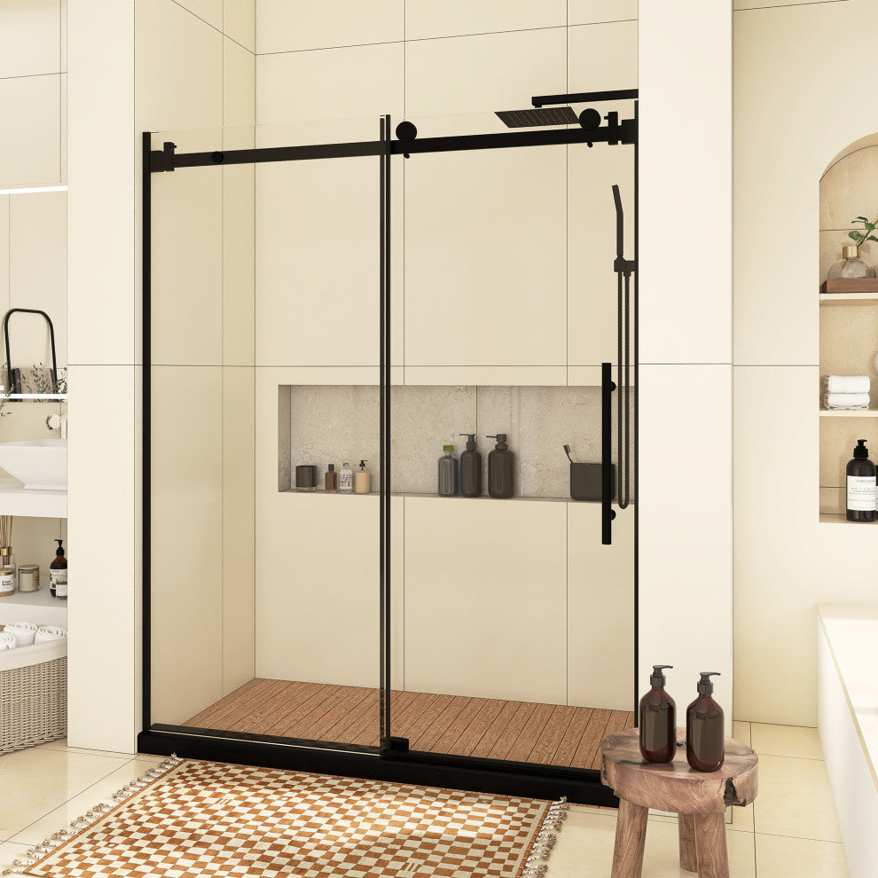 60" W x 76" H Frameless Single Sliding Shower Doors, Matt Black
