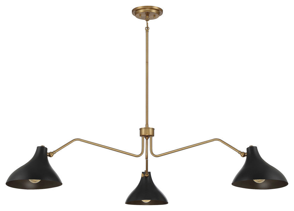 3-Light Pendant, Matte Black With Natural Brass