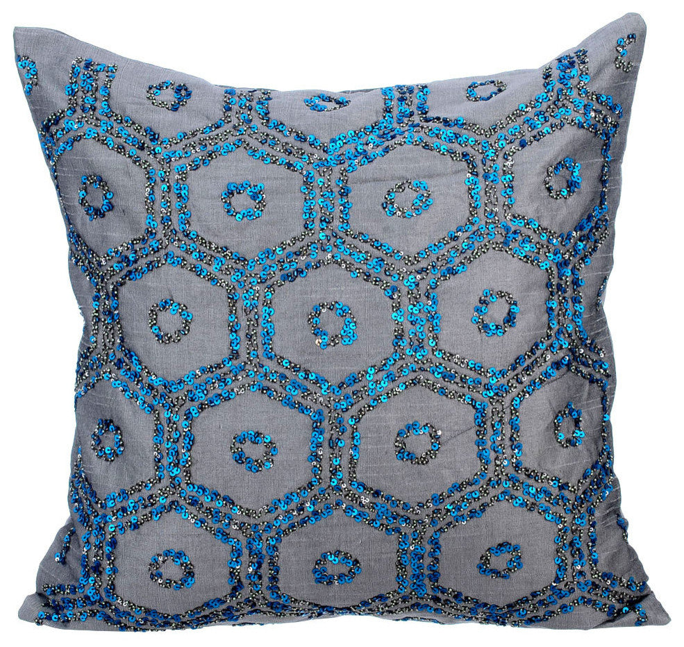 Grey Geometric Throw Pillows Art Silk 20"x20" Sofa Throws, Hexagon Decor Pillow