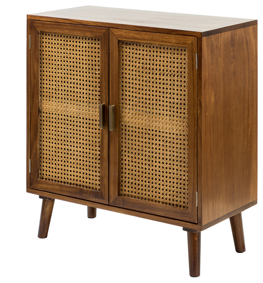 2-Door Accent Storage Cabinet, Solid Wood and Rattan, Cherry