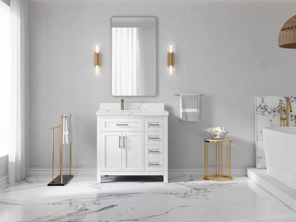 Cambridge 36 Left Offset Bath Vanity in White 2" Calacatta Laza